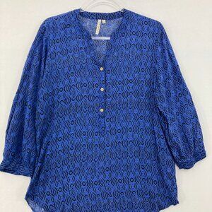 Grand & Greene Large Blue V Neck Button Popover Ultra Soft Rayon Blouse Office
